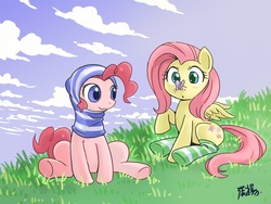 Size: 1000x750 | Tagged: safe, artist:shepherd0821, fluttershy, pinkie pie, butterfly, earth pony, pegasus, pony, g4, :3, :o, balaclava, butterfly on nose, clothes, cute, duo, eyes on the prize, female, grass, hat, insect on nose, mare, raised hoof, silly, sitting, smiling, socks, spread wings, striped socks, underhoof, wide eyes