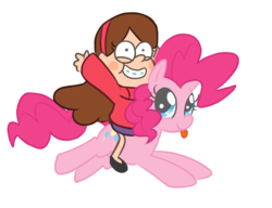 Size: 800x614 | Tagged: safe, artist:elslowmo, pinkie pie, earth pony, human, pony, g4, crossover, female, gravity falls, humans riding ponies, mabel pines, male, mare, riding, simple background, transparent background
