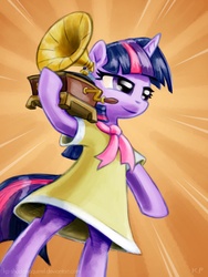 Size: 900x1200 | Tagged: safe, artist:kp-shadowsquirrel, twilight sparkle, pony, unicorn, g4, sweet and elite, bipedal, birthday dress, clothes, dress, female, gramophone, phonograph, record player, solo, standing, unicorn twilight