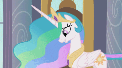 Size: 500x281 | Tagged: safe, screencap, princess celestia, rarity, pony, g4, sweet and elite, animated, canterlot castle, concave belly, cropped, crown, duo, ethereal mane, ethereal tail, excited, female, folded wings, grin, height difference, indoors, jewelry, long mane, long wings, looking at each other, looking at someone, mare, peytral, princess, raised hoof, regalia, slender, smiling, tail, tall, thin, wings