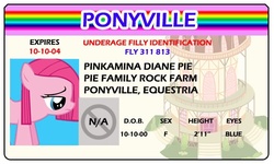 Size: 500x300 | Tagged: safe, artist:doctorxfizzle, pinkie pie, g4, full name, id card, license, misspelling, pinkamena diane pie, younger