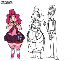 Size: 1042x870 | Tagged: safe, artist:ross irving, carrot cake, cup cake, pinkie pie, human, g4, fat, humanized, partial color, pudgy pie, sketch