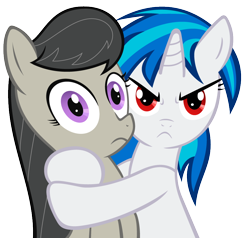 Size: 868x827 | Tagged: safe, artist:kirotalon, artist:madmax, edit, dj pon-3, octavia melody, vinyl scratch, earth pony, pony, unicorn, g4, female, hooves, horn, hug, lesbian, looking at you, mare, mine!, possessive, ship:scratchtavia, shipping, simple background, transparent background, vector, wrong eye color