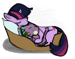 Size: 654x513 | Tagged: safe, artist:angeban, spike, twilight sparkle, g4, colored, pillow, sleeping