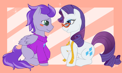 Size: 1600x951 | Tagged: safe, artist:unknow, rarity, oc, oc:kydose, g4, blushing, canon x oc, clothes, female, glasses, male, measuring tape, rarity's glasses, shipping, straight, sweater