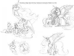 Size: 1280x967 | Tagged: safe, artist:baron engel, princess celestia, twilight sparkle, oc, oc:baron, oc:petina, alicorn, bird, pony, unicorn, g4, butt, female, grayscale, mare, monochrome, pencil drawing, plot, sitting, story in the source, traditional art, whootkit