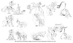 Size: 1280x750 | Tagged: safe, artist:baron engel, princess luna, oc, alicorn, pony, unicorn, g4, butt, female, grayscale, mare, monochrome, pencil drawing, plot, rage, s1 luna, traditional art