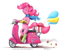 Size: 1250x1024 | Tagged: safe, artist:baron engel, pinkie pie, earth pony, pony, g4, balloon, belly, bipedal, clothes, eyes closed, female, moped, pencil drawing, round belly, scarf, socks, solo, traditional art, vespa