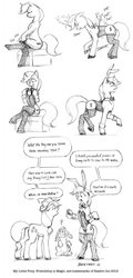 Size: 614x1280 | Tagged: safe, artist:baron engel, apple bloom, applejack, oc, oc:petina, earth pony, pony, unicorn, g4, bipedal, bunny bloom, bunny costume, bunny suit, butt, clothes, comic, dialogue, female, grayscale, leotard, mare, monochrome, pencil drawing, plot, traditional art