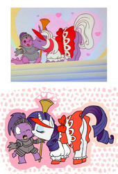Size: 613x900 | Tagged: safe, artist:peppersupreme, powder, rarity, spike, spike (g1), dragon, pony, unicorn, g1, g4, my little pony: escape from catrina, butt, clothes, dress, duo, female, g1 to g4, generation leap, interspecies, knight, male, mare, plot, scene interpretation, screencap reference, ship:sparity, shipping, spikelove, straight, technically an upskirt shot, upskirt