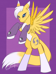 Size: 889x1179 | Tagged: safe, artist:ryunwoofie, pegasus, pony, renamon, crossover, digimon, digimon tamers, female, mare, ponified, purple background, rearing, simple background, solo