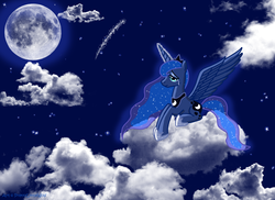 Size: 2337x1700 | Tagged: safe, artist:prettylittlewolf, princess luna, alicorn, pony, g4, cloud, cloudy, crying, female, mare, moon, sad, shooting star, solo, stars