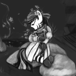 Size: 1080x1080 | Tagged: safe, artist:white-pwny, pony, bastion (game), clothes, crossover, monochrome, ponified, solo, zebrafied