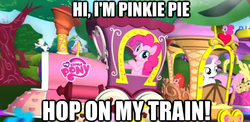 Size: 624x305 | Tagged: safe, pinkie pie, sweetie belle, g4, commercial, friendship express, pinkie pie operating a locomotive, train