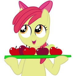 Size: 704x740 | Tagged: safe, apple bloom, earth pony, pony, g4, apple, female, filly, foal, here's how you hold all those apples, simple background, tray, use a tray, white background, why can't i hold all these x