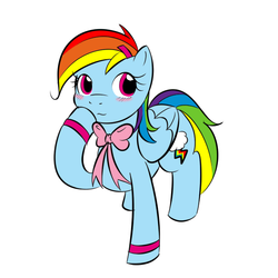 Size: 600x600 | Tagged: safe, artist:kloudmutt, rainbow dash, pegasus, pony, g4, blushing, bow, female, mare, rainbow dash always dresses in style, simple background, solo, sweatband, white background