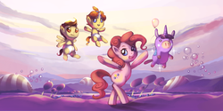 Size: 1400x700 | Tagged: safe, artist:karzahnii, pinkie pie, pound cake, pumpkin cake, twilight sparkle, pony, g4, balloon, balloonicorn, bipedal, meet the pyro, parody, team fortress 2