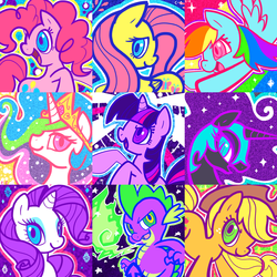 Size: 1200x1200 | Tagged: safe, artist:crayon-chewer, applejack, fluttershy, nightmare moon, pinkie pie, princess celestia, rainbow dash, rarity, spike, twilight sparkle, alicorn, dragon, earth pony, pegasus, pony, unicorn, g4, female, fire, looking at you, male, mane seven, mane six, mare