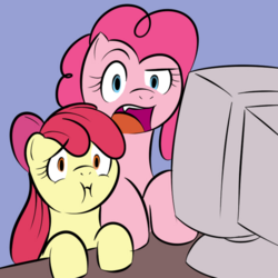 Size: 700x700 | Tagged: safe, artist:kloudmutt, apple bloom, pinkie pie, earth pony, pony, g4, computer, crt, cute, cute little fangs, disgusted, duo, fangs, female, filly, foal, mare, monitor, open mouth, reaction image, scrunchy face