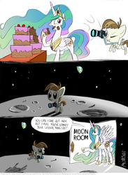 Size: 804x1100 | Tagged: safe, artist:kturtle, featherweight, princess celestia, alicorn, pegasus, pony, g4, bait and switch, cake, cakelestia, colt, eating, everything went better than expected, female, foal, food, male, mare, moon, moon room, room, space, time out, to the moon