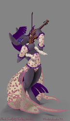 Size: 1534x2650 | Tagged: safe, artist:shunka warakin, oc, oc only, oc:black snooty, earth pony, pony, bedroom eyes, bipedal, clothes, corset, eyeshadow, female, hoof hold, lace, looking at you, mare, musical instrument, not maud pie, open mouth, see-through, solo, violin