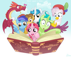 Size: 1024x819 | Tagged: safe, artist:scribblesdesu, oc, oc only, butterfly, dragon, griffon, pegasus, unicorn, blue background, book, cup, day, dragon oc, female, griffon oc, hat, looking down, male, mare, once upon a time, open book, pince-nez, simple background, sky, stallion, teacup