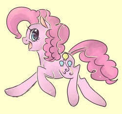 Size: 621x584 | Tagged: safe, artist:coffeechicken, pinkie pie, earth pony, pony, g4, cute, diapinkes, female, mare, open mouth, profile, simple background, solo, yellow background
