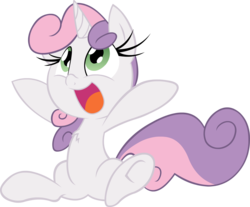 Size: 2000x1656 | Tagged: safe, artist:alexstrazse, artist:leadhooves, sweetie belle, pony, unicorn, g4, chest fluff, cute, diasweetes, female, filly, open mouth, open smile, simple background, sitting, smiling, solo, transparent background