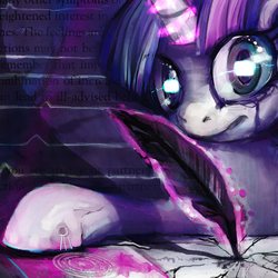Size: 4000x4000 | Tagged: safe, artist:buttercupsaiyan, twilight sparkle, pony, g4, absurd resolution, cracks, crying, female, quill, solo, writing