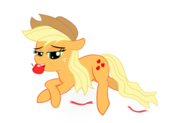 Size: 8486x6000 | Tagged: safe, artist:dash1e, applejack, earth pony, pony, g4, absurd resolution, apple, bedroom eyes, female, loose hair, mare, mouth hold, obligatory apple, prone, simple background, solo, that pony sure does love apples, transparent background, vector