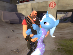 Size: 900x675 | Tagged: safe, artist:pika-robo, trixie, human, pony, unicorn, g4, crossover, duo, gmod, heavy weapons guy, holding a pony, looking at each other, team fortress 2, trixie is not amused, unamused