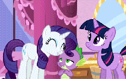 Size: 400x252 | Tagged: safe, screencap, rarity, spike, twilight sparkle, dragon, pony, unicorn, g4, green isn't your color, season 1, animated, cute, excited, female, gif, happy, jumping, loop, male, mare, pronking, raribetes, unicorn twilight