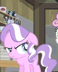 Size: 560x698 | Tagged: safe, screencap, diamond tiara, sweetie belle, pony, g4, ponyville confidential, season 2, angry, animated, cropped, ears back, female, offscreen character, raspberry, solo focus, tongue out