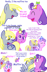 Size: 990x1500 | Tagged: safe, artist:caluriri, derpy hooves, diamond tiara, dinky hooves, screwball, pegasus, pony, g4, comic, female, headcanon, mare, mother and daughter, siblings, sisters