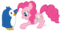 Size: 1739x928 | Tagged: safe, artist:timer rabbit, pinkie pie, bird, earth pony, penguin, pony, g4, crossover, mawaru penguindrum, simple background, white background