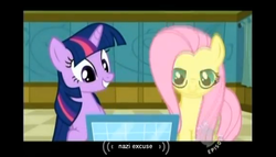 Size: 570x325 | Tagged: safe, screencap, fluttershy, twilight sparkle, pegasus, pony, unicorn, g4, my little pony: friendship is magic, read it and weep, duo, female, mare, no excuse, youtube caption