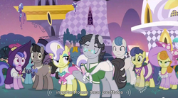 Size: 853x472 | Tagged: safe, edit, edited screencap, screencap, carrot top, eclair créme, golden harvest, jet set, masquerade, orion, perfect pace, sea swirl, seafoam, shooting star (character), upper crust, earth pony, pony, unicorn, g4, sweet and elite, caption, clothes, dress, female, hub logo, male, mare, skunk stripe, stallion, text, youtube caption