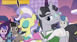 Size: 855x472 | Tagged: safe, edit, edited screencap, screencap, eclair créme, eleventh hour, jet set, masquerade, orion, perfect pace, sea swirl, seafoam, shooting star (g4), upper crust, earth pony, pony, unicorn, g4, sweet and elite, caption, clothes, dress, eleventh doctor, female, hub logo, lol, male, mare, skunk stripe, stallion, text, youtube caption