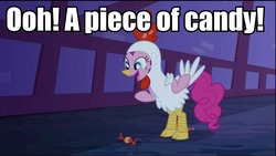 Size: 960x540 | Tagged: safe, edit, edited screencap, screencap, pinkie pie, earth pony, pony, g4, luna eclipsed, season 2, animal costume, candy, chicken pie, chicken suit, clothes, costume, family guy, image macro, james woods, male, text