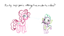 Size: 1280x720 | Tagged: safe, artist:feather, pinkie pie, rarity, spike, earth pony, pony, g4, blushing, duo, fake moustache, female, implied rarity, male, pencil drawing, traditional art