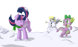 Size: 2016x1214 | Tagged: safe, artist:rustedrabbit, derpy hooves, spike, twilight sparkle, dragon, pegasus, pony, unicorn, g4, clothes, eyes closed, female, mare, scarf, simple background, snow, snowman, snowpony, transparent background, trio, unicorn twilight