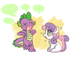 Size: 888x659 | Tagged: dead source, safe, artist:haute-claire, spike, sweetie belle, dragon, pony, unicorn, g4, adorable face, blushing, chest fluff, cute, empty speech bubble, female, filly, male, open mouth, ship:spikebelle, shipping, sitting, sparkles, speech bubble, straight