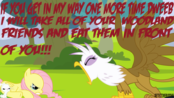 Size: 1366x768 | Tagged: safe, artist:detectivebuddha, angel bunny, fluttershy, gilda, griffon, pony, rabbit, g4, griffon the brush off, animal, crying, death threat, female, flutterbuse, implied vore, male, mare, threat, wallpaper, yelling