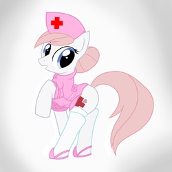 Size: 1743x1743 | Tagged: safe, artist:pyruvate, nurse redheart, earth pony, pony, g4, clothes, female, implied bottomless, mare, nurse, raised hoof, simple background, skimpy outfit, socks, solo, white background