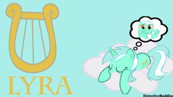 Size: 1366x768 | Tagged: source needed, safe, artist:detectivebuddha, lyra heartstrings, pony, unicorn, g4, cloud, cutie mark, hand, lyre, musical instrument, sleeping, that pony sure does love hands, thought bubble, wallpaper