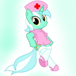 Size: 1415x1415 | Tagged: safe, artist:pyruvate, lyra heartstrings, pony, unicorn, g4, bipedal, clothes, female, mare, nurse, simple background, socks, solo, standing, white background