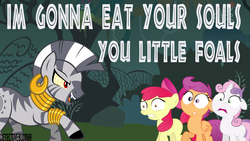 Size: 1366x768 | Tagged: safe, artist:detectivebuddha, apple bloom, scootaloo, sweetie belle, zecora, earth pony, pegasus, pony, unicorn, zebra, g4, cutie mark crusaders, evil, evil enchantress, fangs, female, filly, grin, soul, wallpaper, your soul is mine