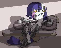 Size: 800x630 | Tagged: safe, artist:moronsonofboron, rarity, cyborg, storm princess, g4, alternate hairstyle, amputee, animated, augmented, deus ex, deus ex: human revolution, eye shimmer, fainting couch, female, hologram, horn, horn ring, i never asked for this, prosthetics, solo