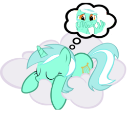 Size: 740x660 | Tagged: safe, artist:detectivebuddha, lyra heartstrings, pony, unicorn, g4, cloud, dream, eyes closed, female, hand, mare, simple background, sleeping, solo, transparent background