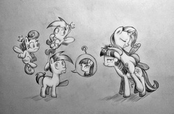 Size: 1280x832 | Tagged: safe, artist:discommunicator, trixie, twilight sparkle, earth pony, pony, unicorn, g4, cosmo, crossover, floppy ears, male, the fairly oddparents, timmy turner, traditional art, trixie tang, unicorn twilight, wanda